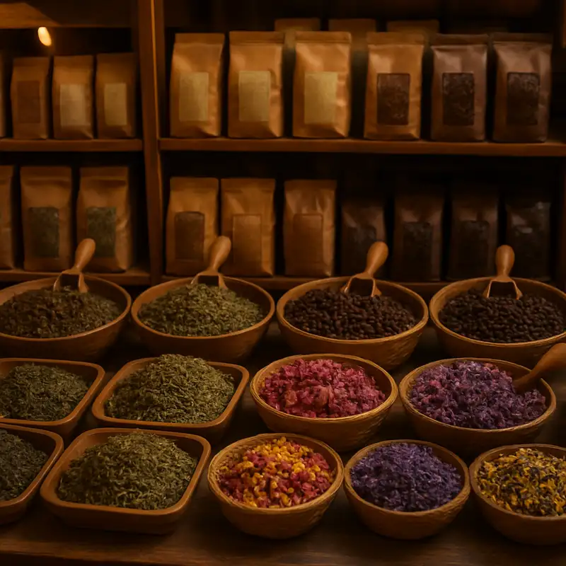 Losse thee en koffiebonen te koop op de specerijenmarkt